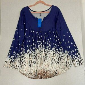 Allegrace Tunic Top NWT Pleated Floral Print Blue & White 1X